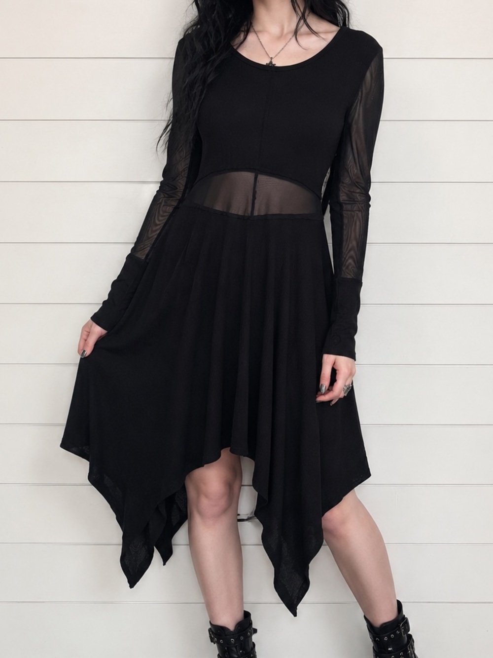 Killstar Black Gothic Asymmetrical Mesh-Inset Long Sleeve Dress Size 3XL